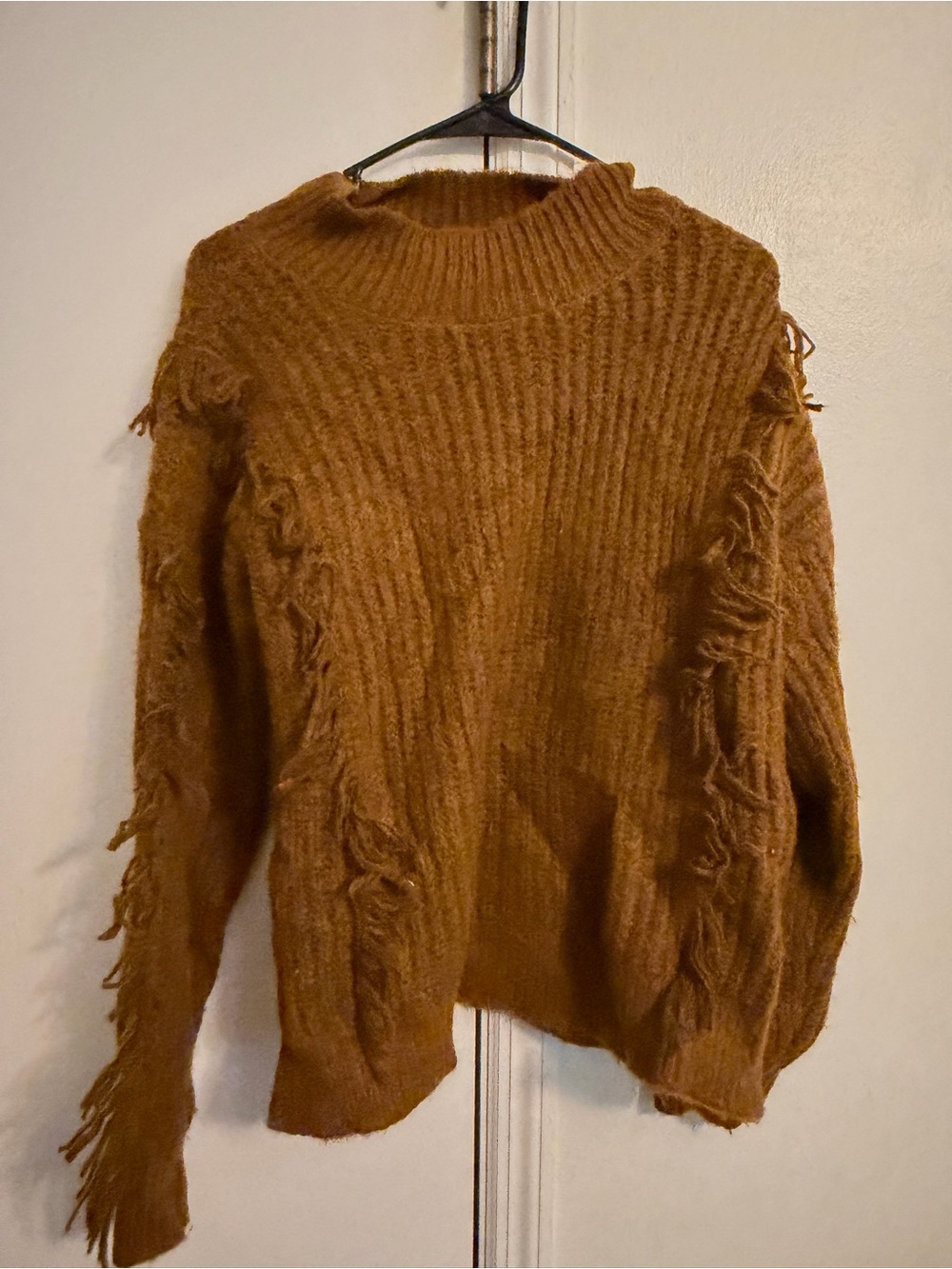 Calvin Klein Fringe Ribbed Turtleneck Sweater - Camel